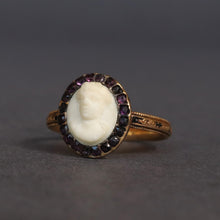 Load image into Gallery viewer, Antique Georgian mourning ring with marble cameo & amethysts in 18ct gold