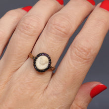 Load image into Gallery viewer, Antique mourning ring. Georgian mourning ring. Mourning ring with amethysts. Mourning ring with amethyst halo. Mourning ring with amethyst border. Mourning ring with marble bust. Mourning ring with marble cameo. White marble ring. Musuem quality ring. Georgian marble ring. Oval mourning ring. Black enamel ring. Antique black enamel ring. Memento mori ring. Memorial ring.