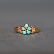 Load image into Gallery viewer, Antique Victorian era turquoise ring with pansy motif and floral engraved band. Pinky sized.