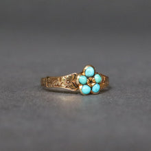 Load image into Gallery viewer, Antique Victorian turquoise pinky ring with pansy motif in 9ct gold