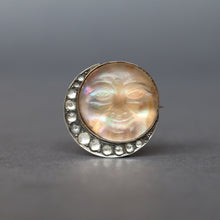 Load image into Gallery viewer, Man in the moon brooch. Antique man in the moon brooch. Victorian man in the moon brooch. Moon man brooch. Antique man in the moon pin. Man in the moon pin. Saphiret glass. Saphiret glass brooch. Opalescent glass. Opalescent glass brooch. Crescent moon brooch. Paste brooch.