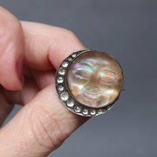 Load image into Gallery viewer, Man in the moon brooch. Antique man in the moon brooch. Victorian man in the moon brooch. Moon man brooch. Antique man in the moon pin. Man in the moon pin. Saphiret glass. Saphiret glass brooch. Opalescent glass. Opalescent glass brooch. Crescent moon brooch. Paste brooch.