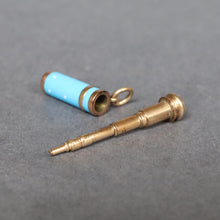 Load image into Gallery viewer, Antique Victorian era enamel cylinder pendant in brit blue wit polka dots, containing a telescopic propelling pencil.