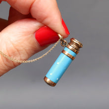 Load image into Gallery viewer, Antique Victorian era enamel cylinder pendant in brit blue wit polka dots, containing a telescopic propelling pencil.