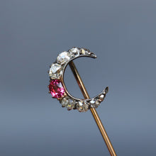 Load image into Gallery viewer, Antique crescent moon pin. Crescent moon pin. Diamond crescent moon pin. Crescent moon pin. Antique moon pin. Moon pin. Moon tie pin. Moon lapel pin. Antique lapel pin. Antique tie pin. Antique crescent moon tie pin. Antique crescent moon lapel pin. Demi moon. Old cut diamond crescent moon.