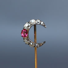 Load image into Gallery viewer, Antique crescent moon pin with diamonds & spinel in 14ct gold