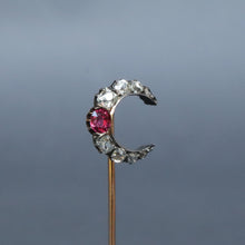 Load image into Gallery viewer, Antique crescent moon pin with diamonds & spinel in 14ct gold