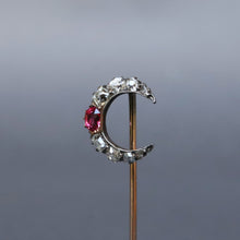 Load image into Gallery viewer, Antique crescent moon pin with diamonds & spinel in 14ct gold