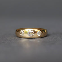 Load image into Gallery viewer, Antique three stone stacking band ring, with old cut diamonds (0.4ct) in a gypsy setting. D-shaped.