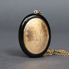 Load image into Gallery viewer, Dove locket. Diamond bird locket. Diamond dove locket. Dove mourning locket. Mourning locket. Black enamel locket. Victorian mourning locket. Antique mourning locket. Antique locket. Figural locket. Monogram locket. ME initials. EM initials. Oval locket. Antique diamond locket. Diamond pendant. Antique diamond pendant.