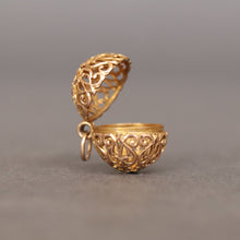 Load image into Gallery viewer, Antique pomander. Pomander pendant. Gold pomander. Gold ball pendant. Gold sphere pendant. Pomander locket. Openwork design. Vinaigrette pendant.