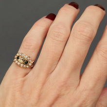 Load image into Gallery viewer, Antique mourning ring. Antique memorial ring. Georgian mourning ring. Georgian memorial ring. If fut amie. Pearl halo ring. Black enamel ring. Mourning pinky ring. Antique pinky ring. He was loved.