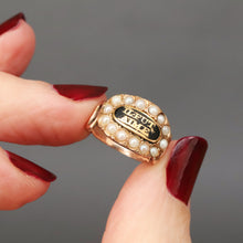 Load image into Gallery viewer, Antique mourning ring. Antique memorial ring. Georgian mourning ring. Georgian memorial ring. If fut amie. Pearl halo ring. Black enamel ring. Mourning pinky ring. Antique pinky ring. He was loved.
