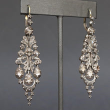 Load image into Gallery viewer, Antique Catalan earrings. Antique Iberian earrings. Antique diamond drop earrings. Articulated earrings. Herring earrings. Nanny earrings. Silver drop earrings. Collet set earrings. Table set diamond earrings. Cut down collet earrings. Foil back diamond earrings. Rose cut diamond earrings.