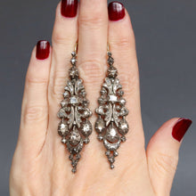 Load image into Gallery viewer, Antique Catalan earrings. Antique Iberian earrings. Antique diamond drop earrings. Articulated earrings. Herring earrings. Nanny earrings. Silver drop earrings. Collet set earrings. Table set diamond earrings. Cut down collet earrings. Foil back diamond earrings. Rose cut diamond earrings.