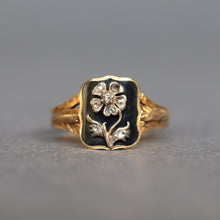 Load image into Gallery viewer, Antique pansy ring. Antique flower ring. Diamond flower ring. Diamond pansy ring. Victorian flower ring. Victorian pansy ring. Black enamel ring. Antique enamel flower ring.