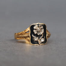 Load image into Gallery viewer, Antique Victorian era enamel ring with diamond pansy in 22ct gold