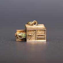 Load image into Gallery viewer, Vintage mid-century pigsty charm pendant. Articulated pig pops out of sty with a four leaf clover in his mouth. 9k 9ct gold.