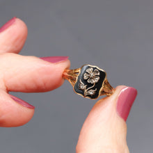 Load image into Gallery viewer, Antique pansy ring. Antique flower ring. Diamond flower ring. Diamond pansy ring. Victorian flower ring. Victorian pansy ring. Black enamel ring. Antique enamel flower ring.