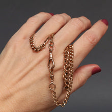Load image into Gallery viewer, Albert chain. Watch chain. Gold watch chain. Curb link chain. Graduated curb link chain. Graduated link chain. Double dog clips. Dog clip chain. Gold chain. Gold watch chain. Gold curb link chain. 9k gold chain. 9ct gold chain.