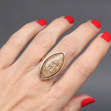 Load image into Gallery viewer, Antique navette ring. Georgian navette ring. Antique mourning ring. Georgian mourning ring. TP monogram ring. TP initial ring. Antique monogram ring. Georgian monogram ring. Antique marquise ring. Georgian marquise ring. Antique hairwork ring. Georgian hairwork ring.