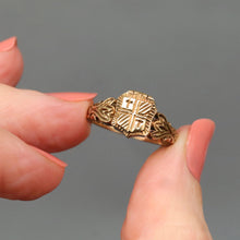 Load image into Gallery viewer, Vintage poison ring. Vintage pillbox ring. Vintage locket ring. Vintage compartment ring. Secret compartment ring. Vintage family crest ring. Gold shield ring. Heraldry ring.