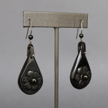 Load image into Gallery viewer, Antique jet earrings. Whitby jet earrings. Jet teardrop earrings. Jet drop earrings. Jet flower earrings. Large drop earrings. Large jet earrings.
