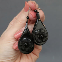Load image into Gallery viewer, Antique jet earrings. Whitby jet earrings. Jet teardrop earrings. Jet drop earrings. Jet flower earrings. Large drop earrings. Large jet earrings.