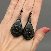 Load image into Gallery viewer, Antique Victorian era Whitby jet drop earrings with flowers