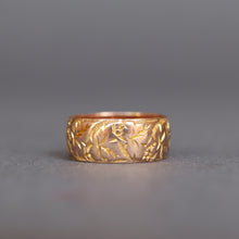 Load image into Gallery viewer, Antique Edwardian era wide wedding stacking band with ivy leaf engraving in 9ct yellow gold.