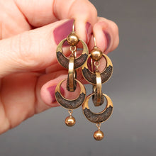 Load image into Gallery viewer, Antique earrings. Victorian earrings. Antique drop earrings. Antique gold earrings. Antique hairwork earrings. Victorian hairwork earrings. Hairwork jewellery. Hairwork jewelry. Rare jewellery. Rare jewelry.
