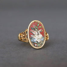 Load image into Gallery viewer, Antique micromosaic ring with swan design. Swan against red background with leaves. Victorian micromosaic ring. Antique micro mosaic ring. Victorian micro mosaic ring. Antique micromosaic pinky ring. Ring with glass tesserae. Antique pinky ring. Victorian pinky ring.