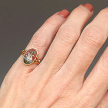 Load image into Gallery viewer, Antique micromosaic ring with swan design. Swan against red background with leaves. Victorian micromosaic ring. Antique micro mosaic ring. Victorian micro mosaic ring. Antique micromosaic pinky ring. Ring with glass tesserae. Antique pinky ring. Victorian pinky ring.