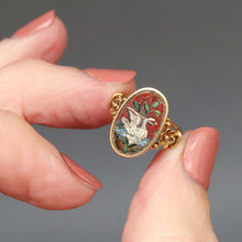 Load image into Gallery viewer, Antique micromosaic ring with swan design. Swan against red background with leaves. Victorian micromosaic ring. Antique micro mosaic ring. Victorian micro mosaic ring. Antique micromosaic pinky ring. Ring with glass tesserae. Antique pinky ring. Victorian pinky ring.