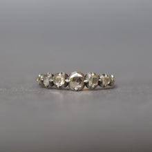 Load image into Gallery viewer, Antique Georgian half hoop riviere ring with seven foil back diamonds in a silver cut down collet setting with 18ct rose gold band. Rose cut diamonds. Table cut diamonds. Engagement ring for vintage bride.