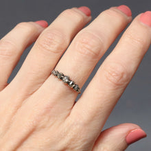 Load image into Gallery viewer, Antique Georgian half hoop riviere ring with seven foil back diamonds in a silver cut down collet setting with 18ct rose gold band. Rose cut diamonds. Table cut diamonds. Engagement ring for vintage bride.
