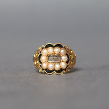 Load image into Gallery viewer, Antique Georgian mourning memorial ring in 18ct yellow gold with hairwork under a glazed panel black enamel pearls. Pinky ring. Antique Georgian pinky ring. Wide band. Engraved shoulders.