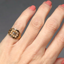 Load image into Gallery viewer, Antique Georgian mourning memorial ring in 18ct yellow gold with hairwork under a glazed panel black enamel pearls. Pinky ring. Antique Georgian pinky ring. Wide band. Engraved shoulders.