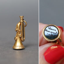 Load image into Gallery viewer, Antique Victorian figural trumpet charm seal fob with bloodstone intaglio motto reading would I were with thee! Romantic antique jewellery. Anniversary jewelry gift. Romantic antique jewelry. Anniversary jewellery gift.
