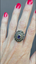 Load and play video in Gallery viewer, Vintage cocktail ring with sapphire (0.6ct) & diamonds in 12ct gold