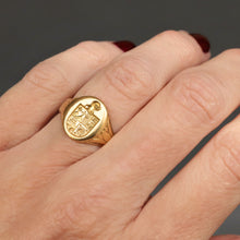 Load image into Gallery viewer, Antique signet ring. Family crest ring. Coat of arms ring. Sun and stars ring. Cross and tree on a mountain peak. Castle ring. Kinght's helmet ring.