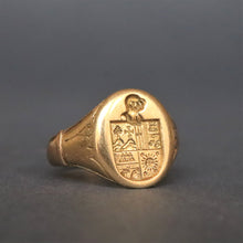 Load image into Gallery viewer, Antique signet ring. Family crest ring. Coat of arms ring. Sun and stars ring. Cross and tree on a mountain peak. Castle ring. Kinght's helmet ring.