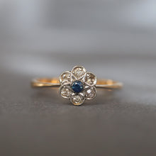Load image into Gallery viewer, Vintage ring. Daisy ring. Cluster ring. Flower ring. Diamond cluster ring. Diamond daisy ring. Diamond flower ring. Vintage cluster ring. Vintage flower ring. Vintage daisy ring. Edwardian daisy ring. Edwardian ring. Antique ring. Antique flower ring. Antique cluster ring. Antique daisy ring. Engagement ring. Diamond engagement ring. Vintage engagement ring. Antique engagement ring. Blue spinel ring. Blue spinel daisy ring. Blue daisy ring.