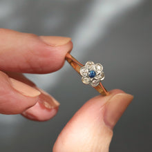 Load image into Gallery viewer, Vintage ring. Daisy ring. Cluster ring. Flower ring. Diamond cluster ring. Diamond daisy ring. Diamond flower ring. Vintage cluster ring. Vintage flower ring. Vintage daisy ring. Edwardian daisy ring. Edwardian ring. Antique ring. Antique flower ring. Antique cluster ring. Antique daisy ring. Engagement ring. Diamond engagement ring. Vintage engagement ring. Antique engagement ring. Blue spinel ring. Blue spinel daisy ring. Blue daisy ring.