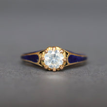 Load image into Gallery viewer, Fancy diamond ring. Fancy white diamond. Hazy diamond. Fancy diamond solitaire ring. Blue enamel ring. Vintage blue enamel ring. Blue enamel solitaire ring. Vintage solitaire ring. Vintage engagement ring.