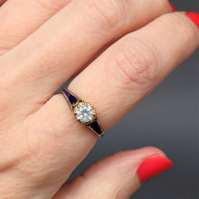 Load image into Gallery viewer, Fancy diamond ring. Fancy white diamond. Hazy diamond. Fancy diamond solitaire ring. Blue enamel ring. Vintage blue enamel ring. Blue enamel solitaire ring. Vintage solitaire ring. Vintage engagement ring.