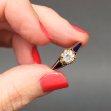 Load image into Gallery viewer, Fancy diamond ring. Fancy white diamond. Hazy diamond. Fancy diamond solitaire ring. Blue enamel ring. Vintage blue enamel ring. Blue enamel solitaire ring. Vintage solitaire ring. Vintage engagement ring.
