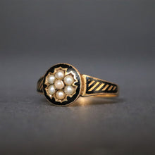 Load image into Gallery viewer, Antique Victorian era pearl & black enamel mourning ring in 15ct gold