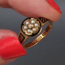 Load image into Gallery viewer, Antique Victorian era pearl & black enamel mourning ring in 15ct gold