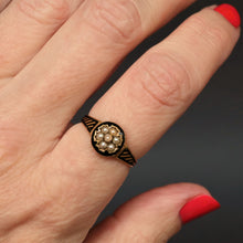 Load image into Gallery viewer, Antique mourning ring. Mourning ring. Black enamel ring. Victorian mourning ring. Memorial ring. Pearl mourning ring. Pearl flower ring. Flower mourning ring. Striped mourning ring.